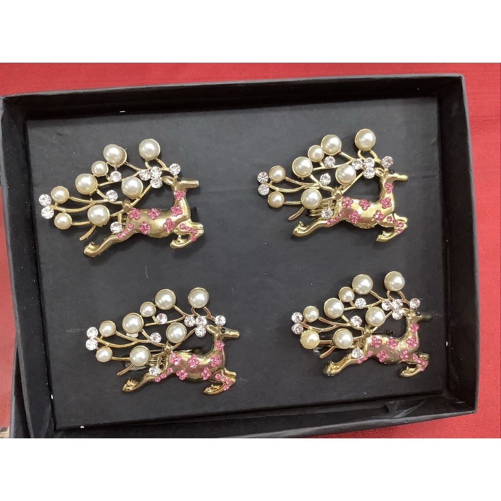 Rachel Zoe Napkin Rings Reindeer Pearls Rhinestones New Set Of 4